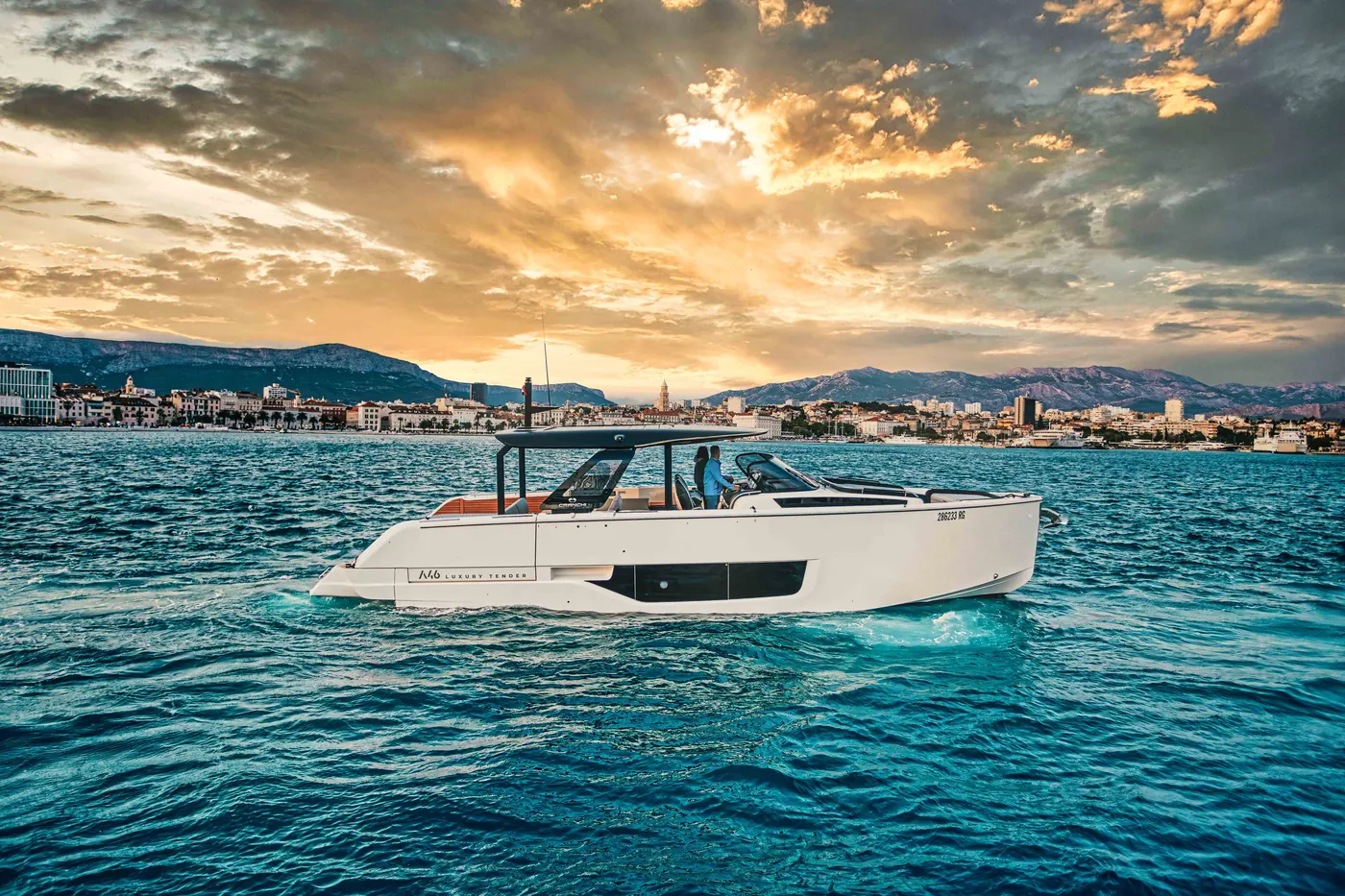 Cranchi A46 yacht charter at sunset in front of Split